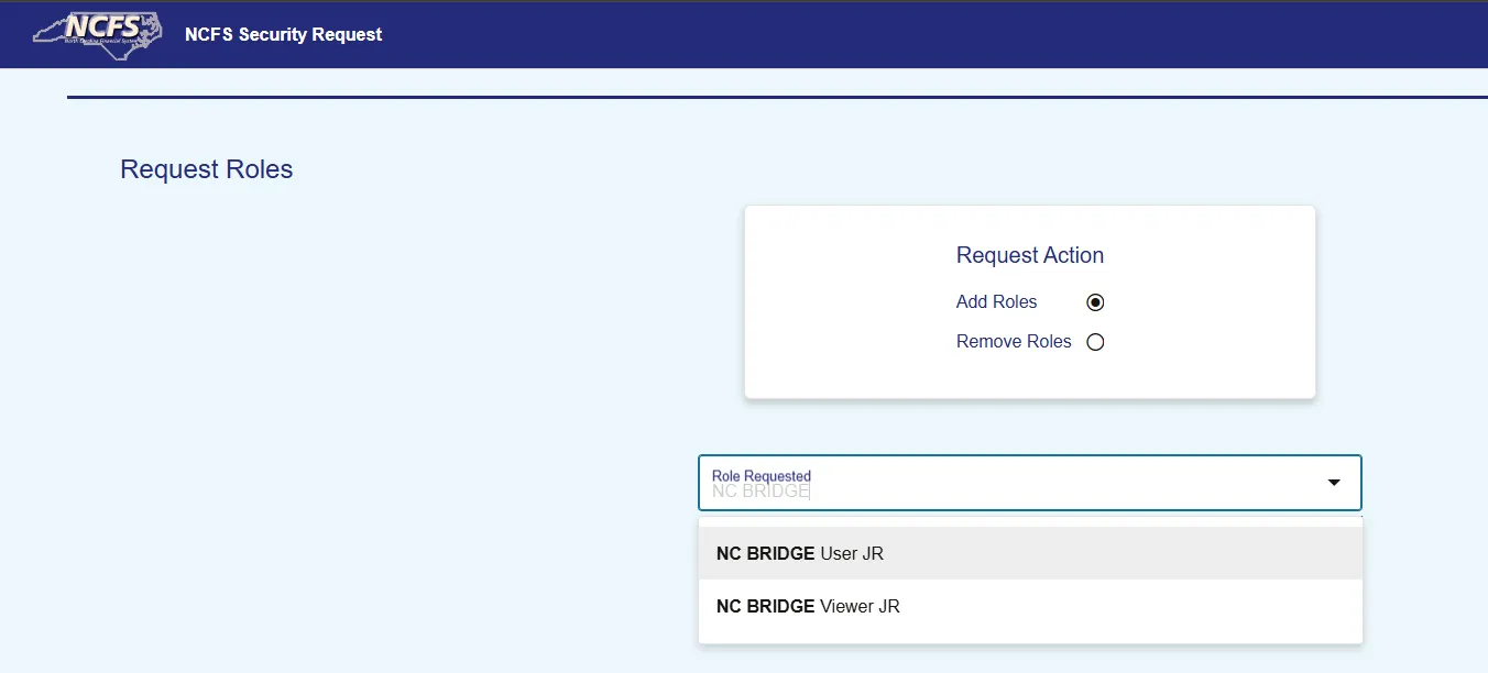 Home screen to Request Roles for the NC Bridge program.