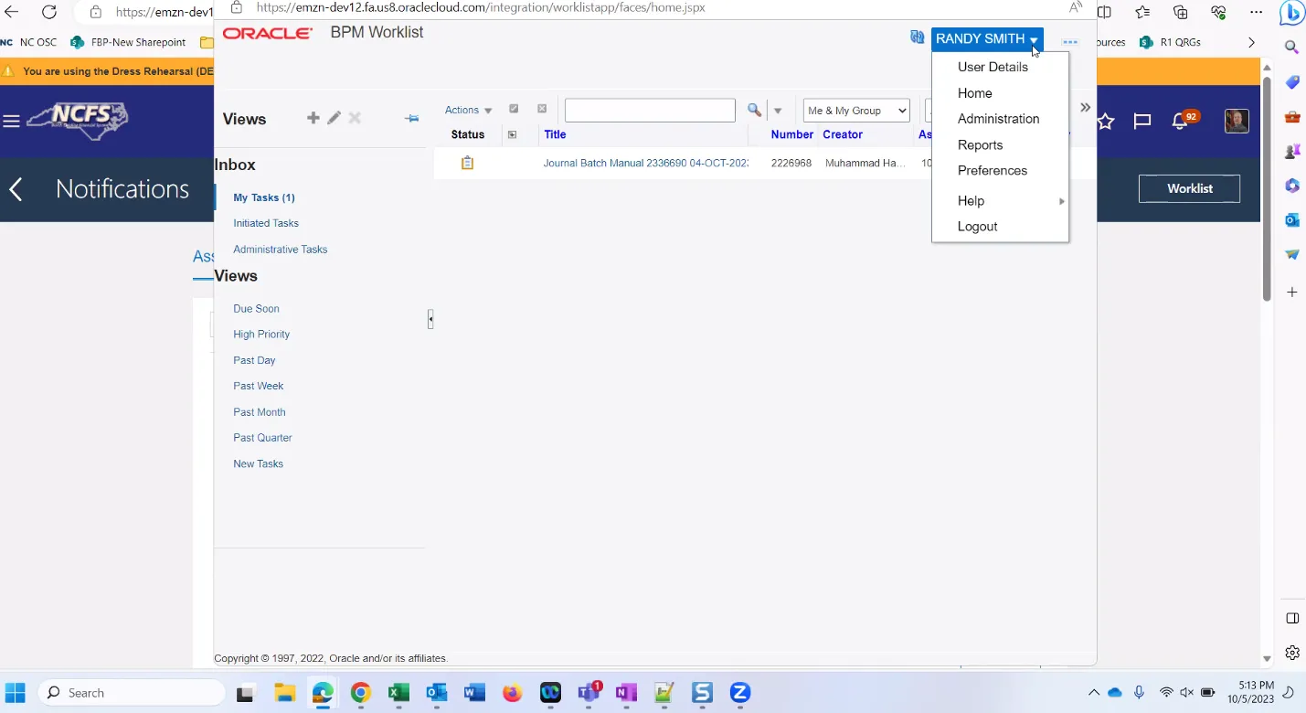 Dropdown besides name in upper right corner