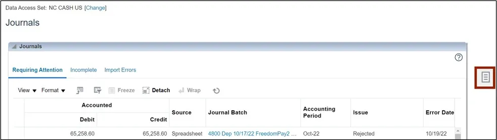 Tasks icon on Journals Landing page