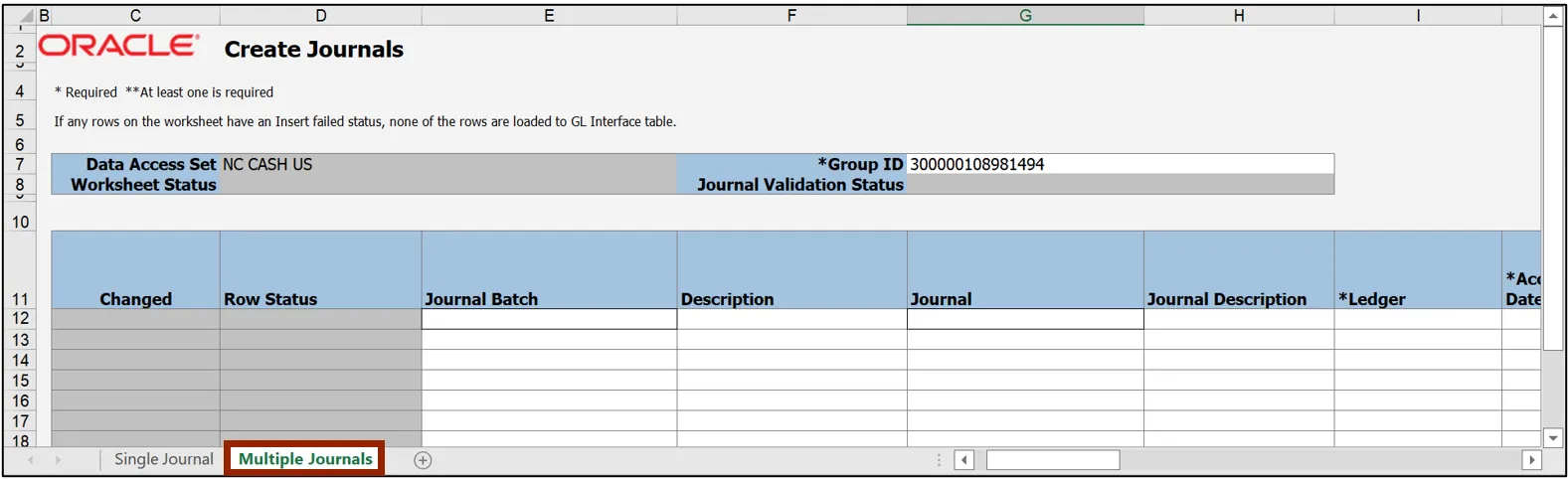 Multiple Journals tab