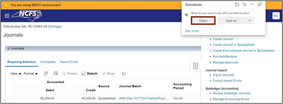 Open button to open downloaded Excel file