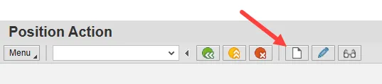 SAP “Position Action” screen toolbar with a red arrow pointing to the “Create” icon, represented by a blank sheet of paper, used to initiate a new action entry.