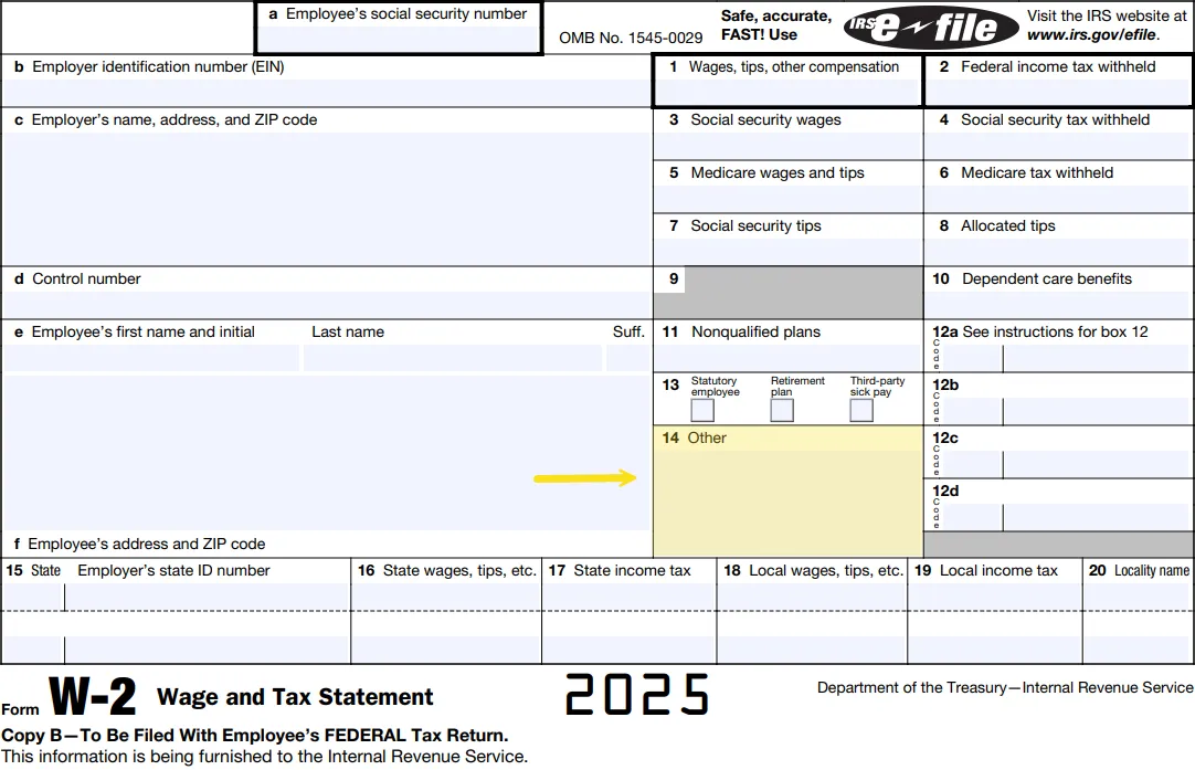 This shows where Box 14 is located on a W-2.